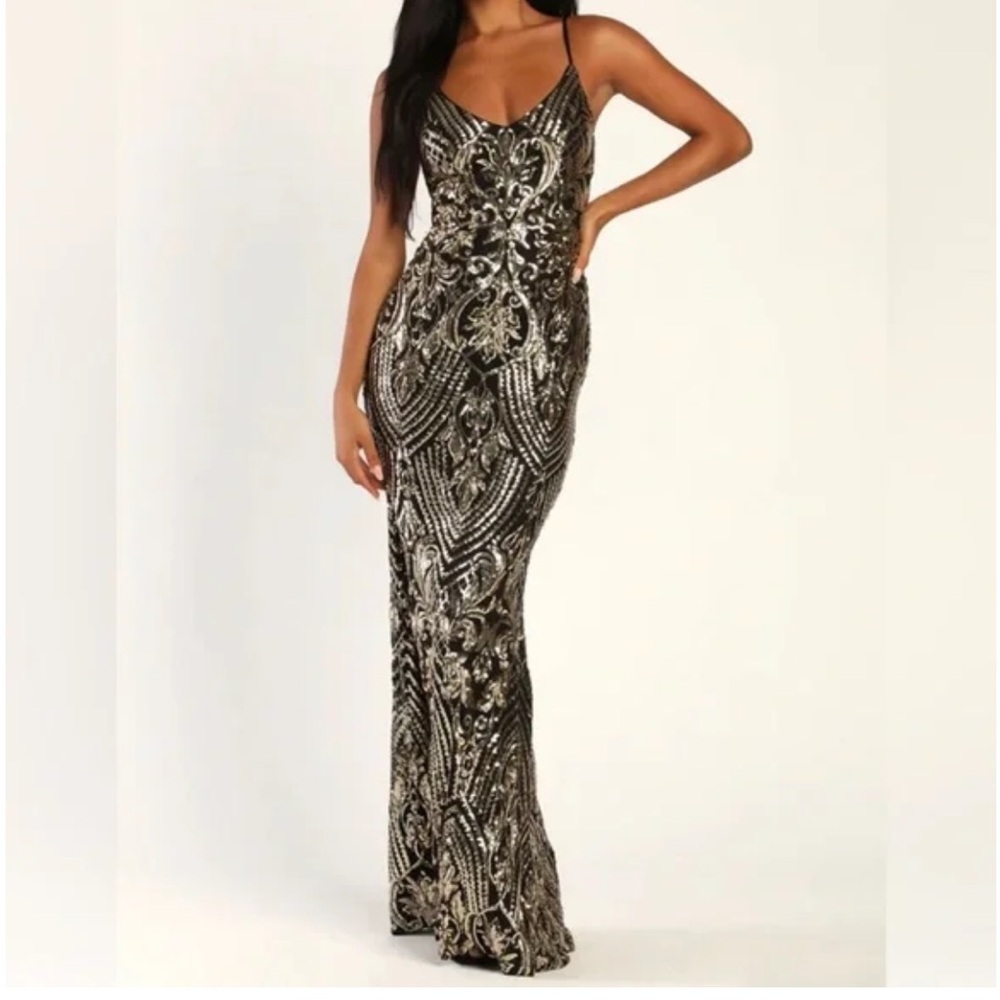 Lulus Truly Alluring Black and Gold Maxi Dress